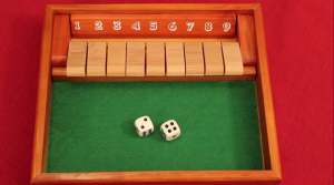 Shut the box Components: one wooden box with 9 tiles on hinges numbered 1 to 9, and two dice.